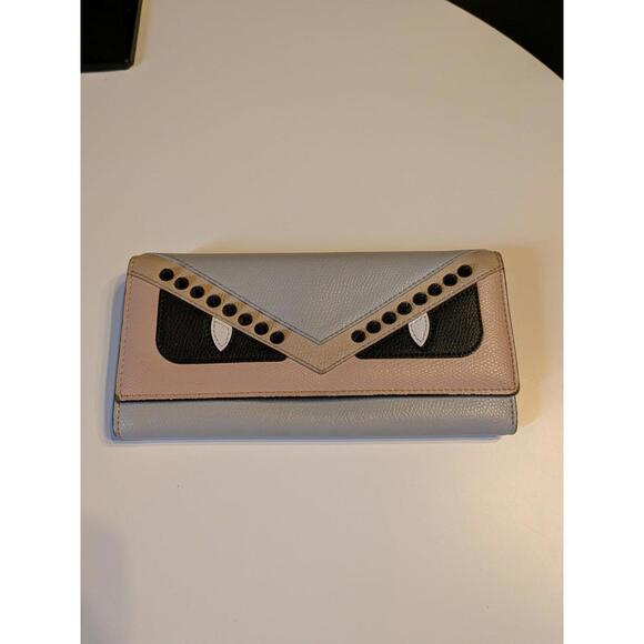 Fendi Monster Bugs Eye Wallet Bifold Continental Pink Blue Leather Vitello Zip